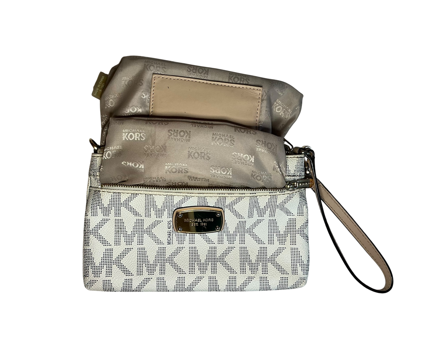 Michael Kors Large Leather Wristlet Handbag MK Logo - White