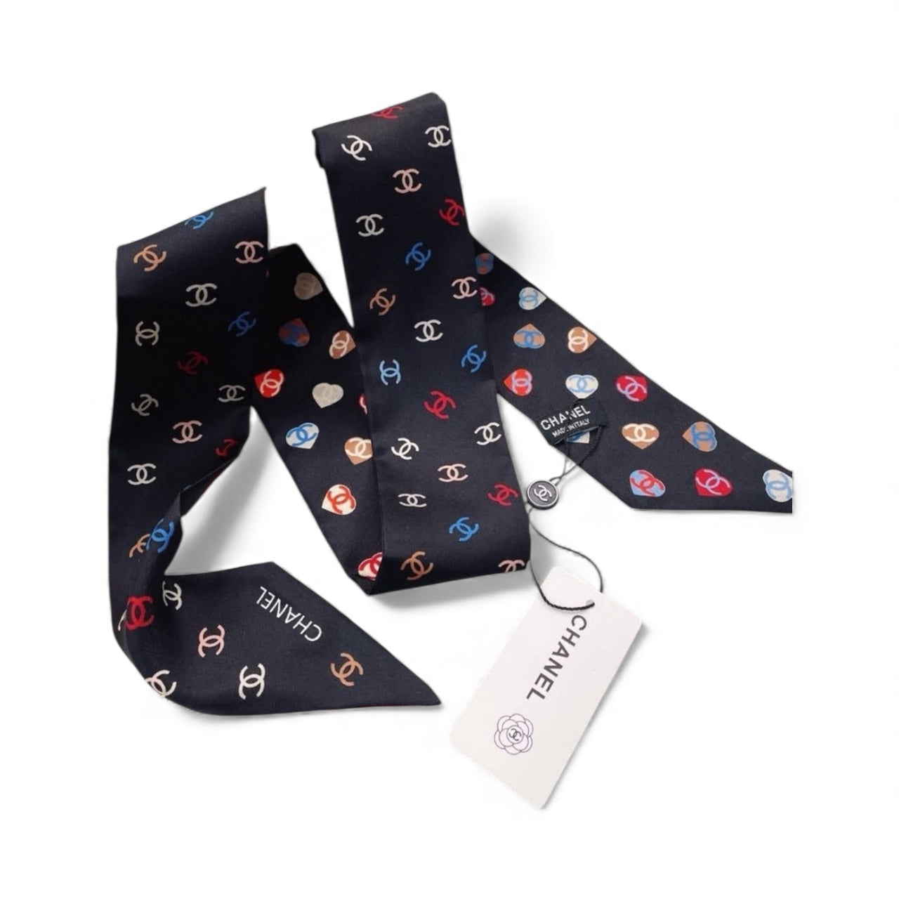 Chanel CC Logo 100% Silk Scarf Black Multicolor