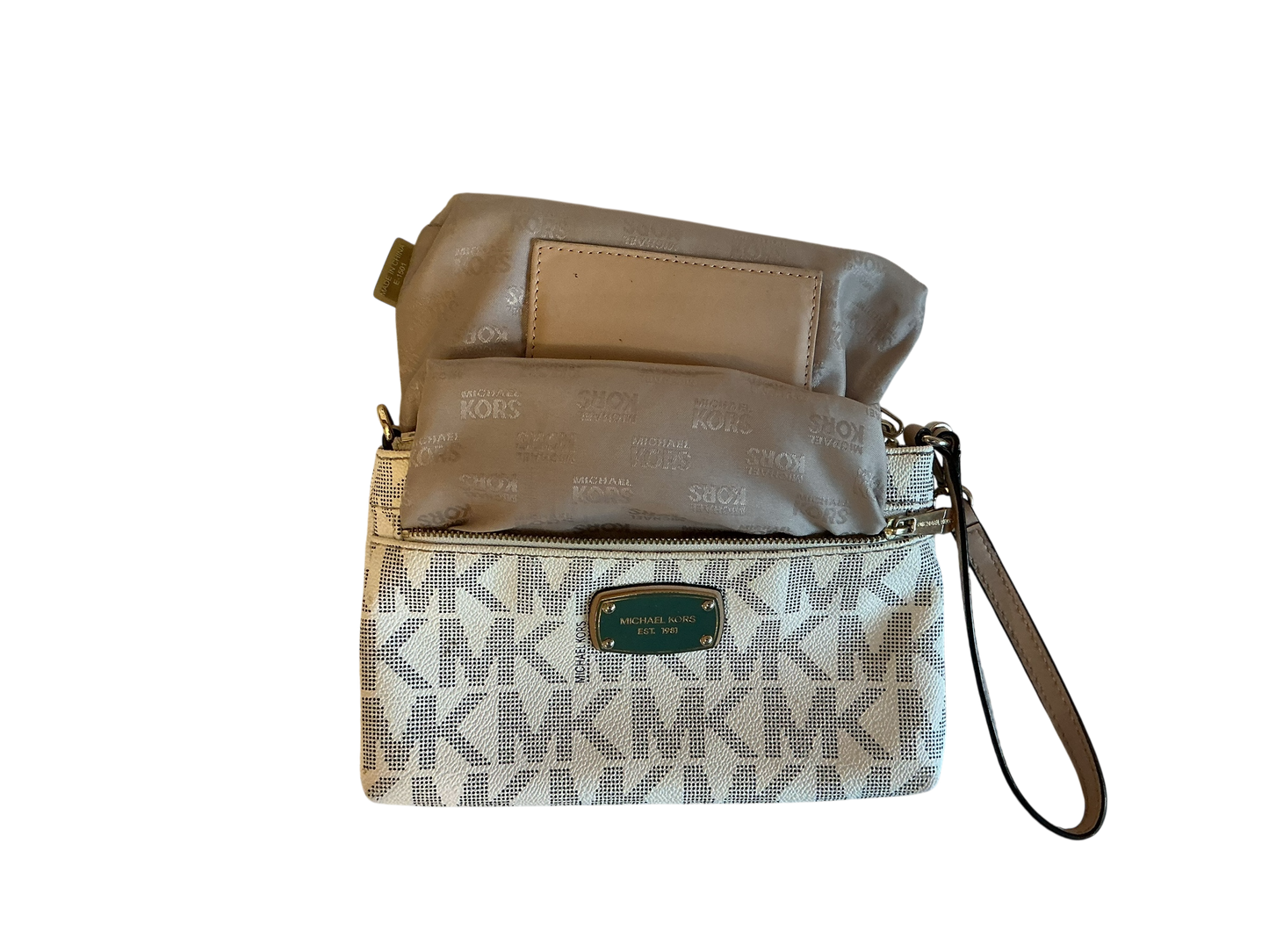 Michael Kors Large Leather Wristlet Handbag MK Logo - White