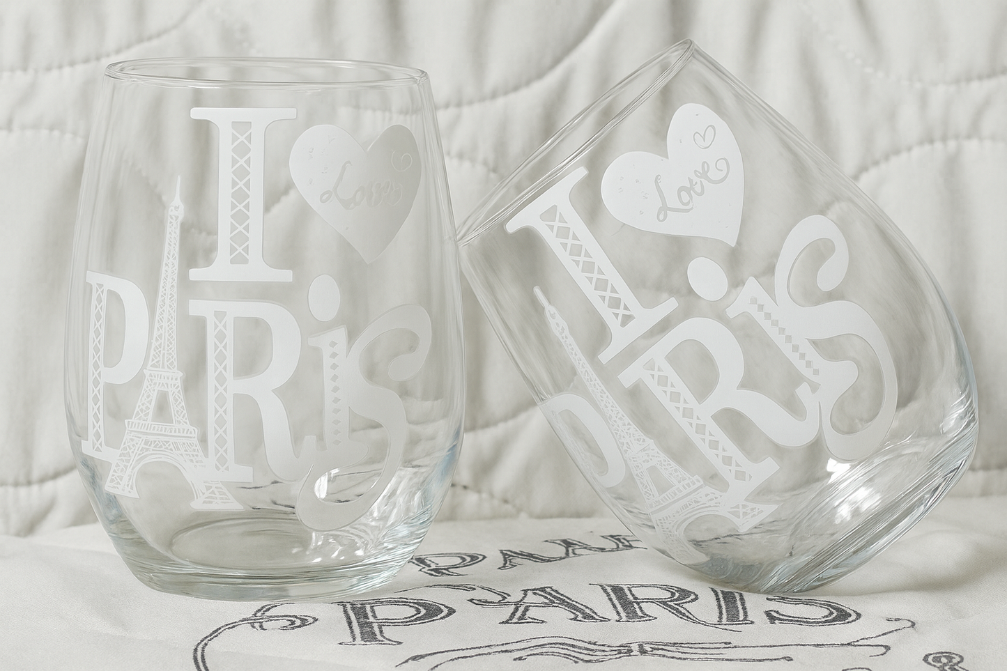 Set of 2 "I Love Paris" Stemless Wine Glasses - Handcrafted Clear Glassware (4.75 inches)