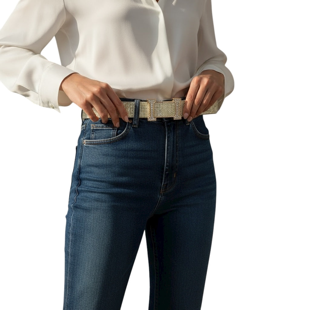 Women's Sparkling Gold Rhinestone Hermes Embellished PU Leather Belt