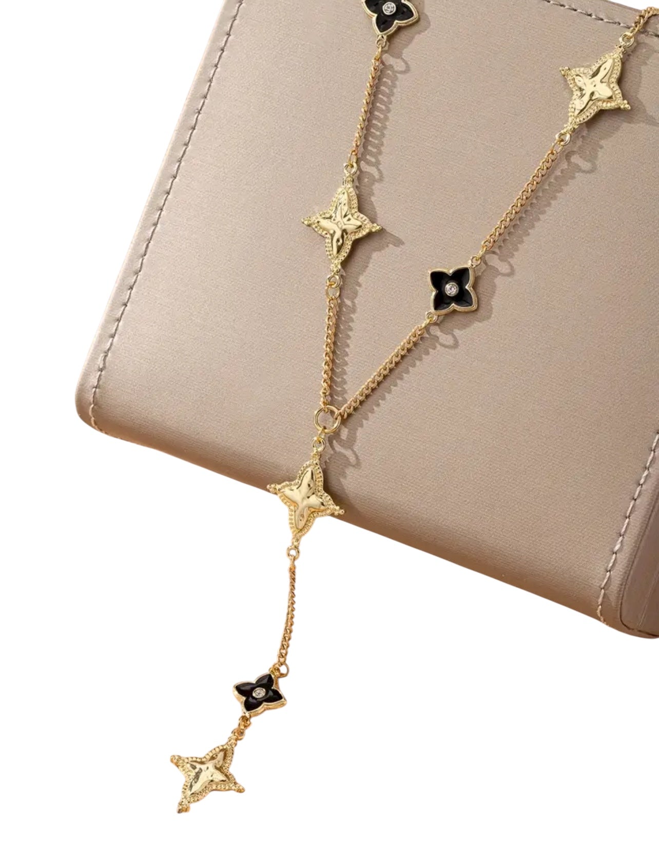 18k Gold & Black Flower Lucky Clover Y-Drop Necklace