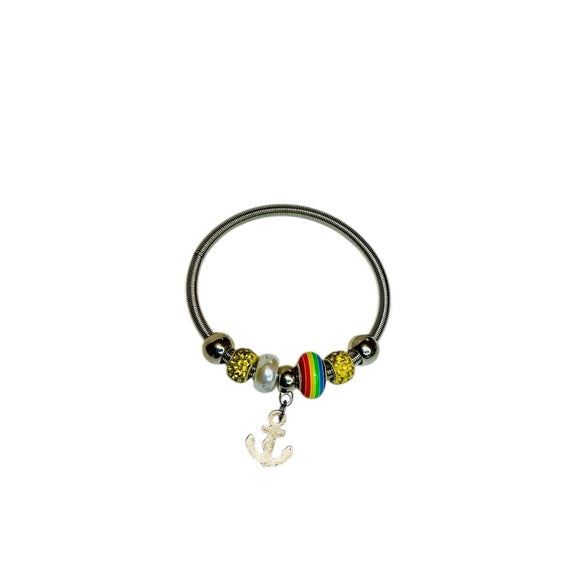 Pride Anchor Charm Bracelet – Silver, Colorful Beads & 2.5” Diameter Rainbow