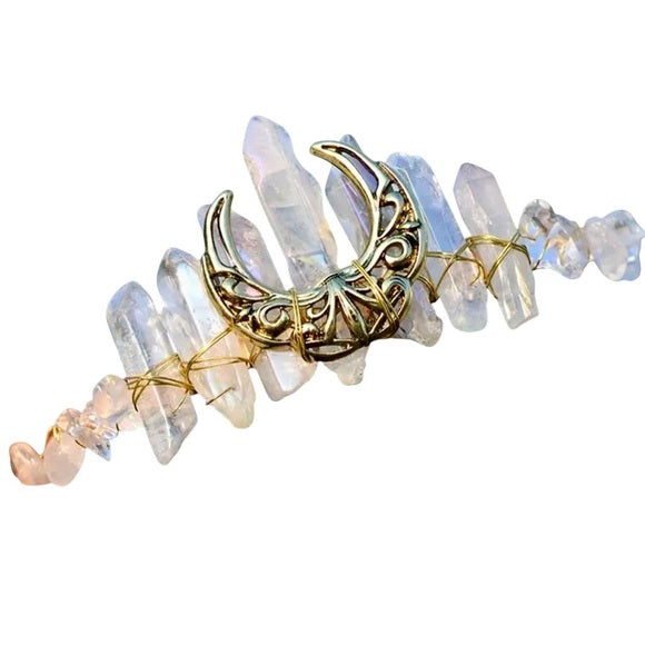 Elegant Gold & Iridescent Natural Crystal Tiara - Celestial Crescent Moon Crown