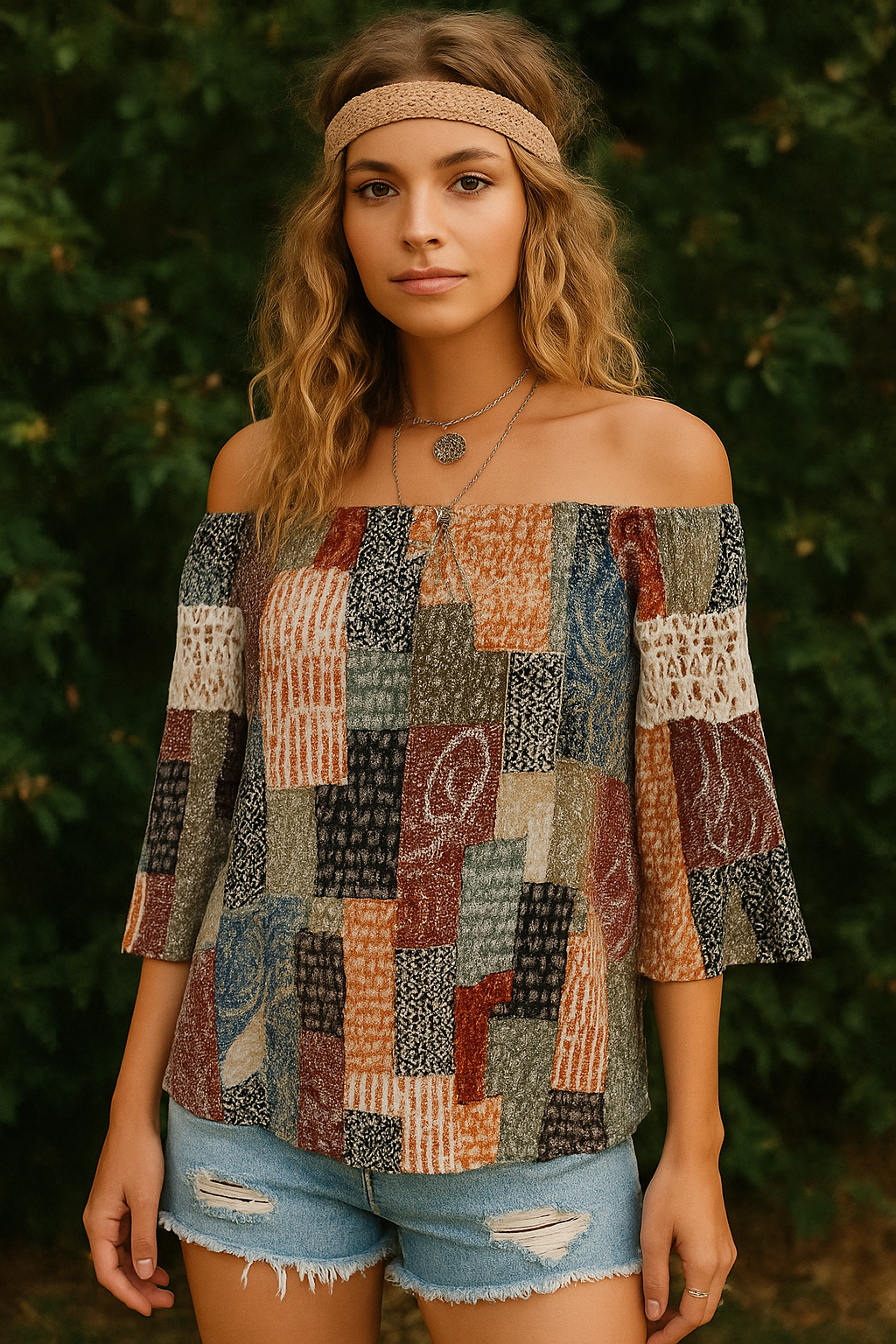 Audrey 3+1 Boho Patchwork Off-Shoulder Tunic Dress