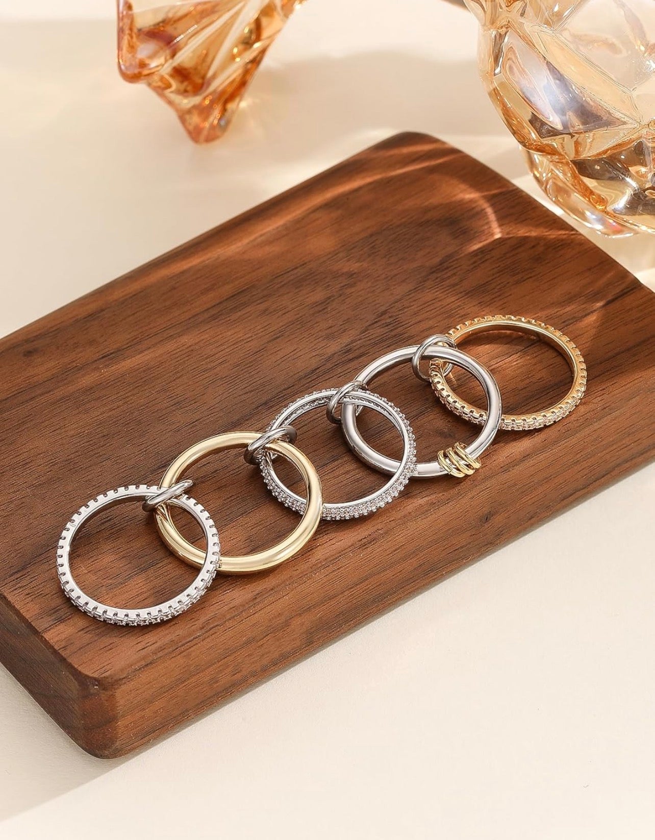 Silver & Gold Diamond Stackable Multi Ring Set of 5 Rings