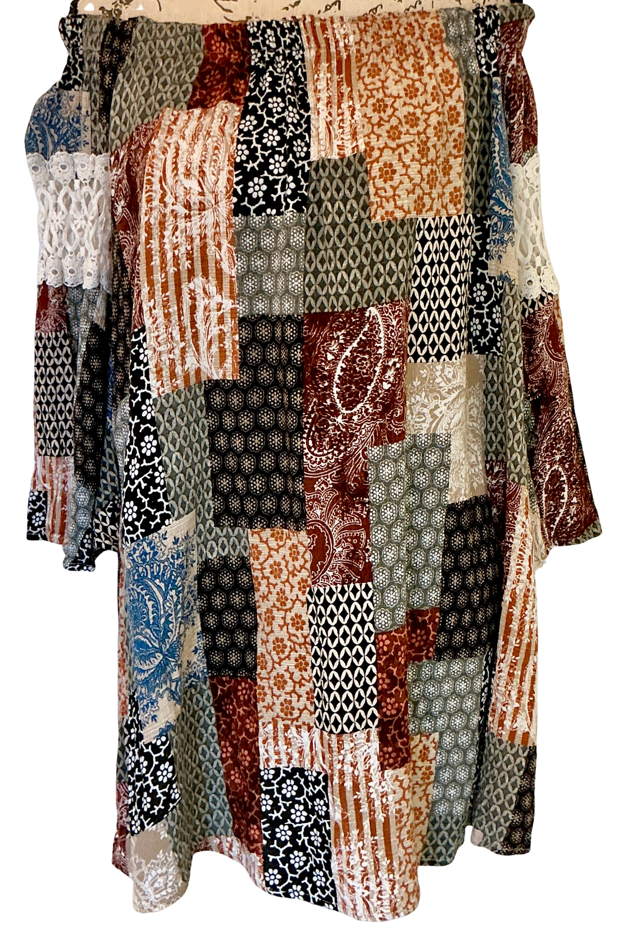 Audrey 3+1 Boho Patchwork Off-Shoulder Tunic Dress