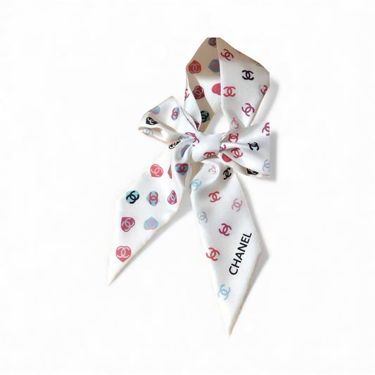 Chanel CC Logo 100% Silk Scarf White Multicolor