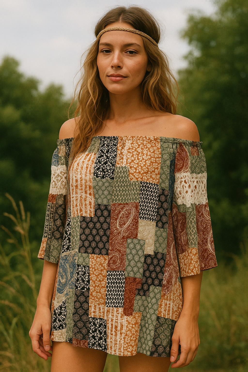 Audrey 3+1 Boho Patchwork Off-Shoulder Tunic Dress
