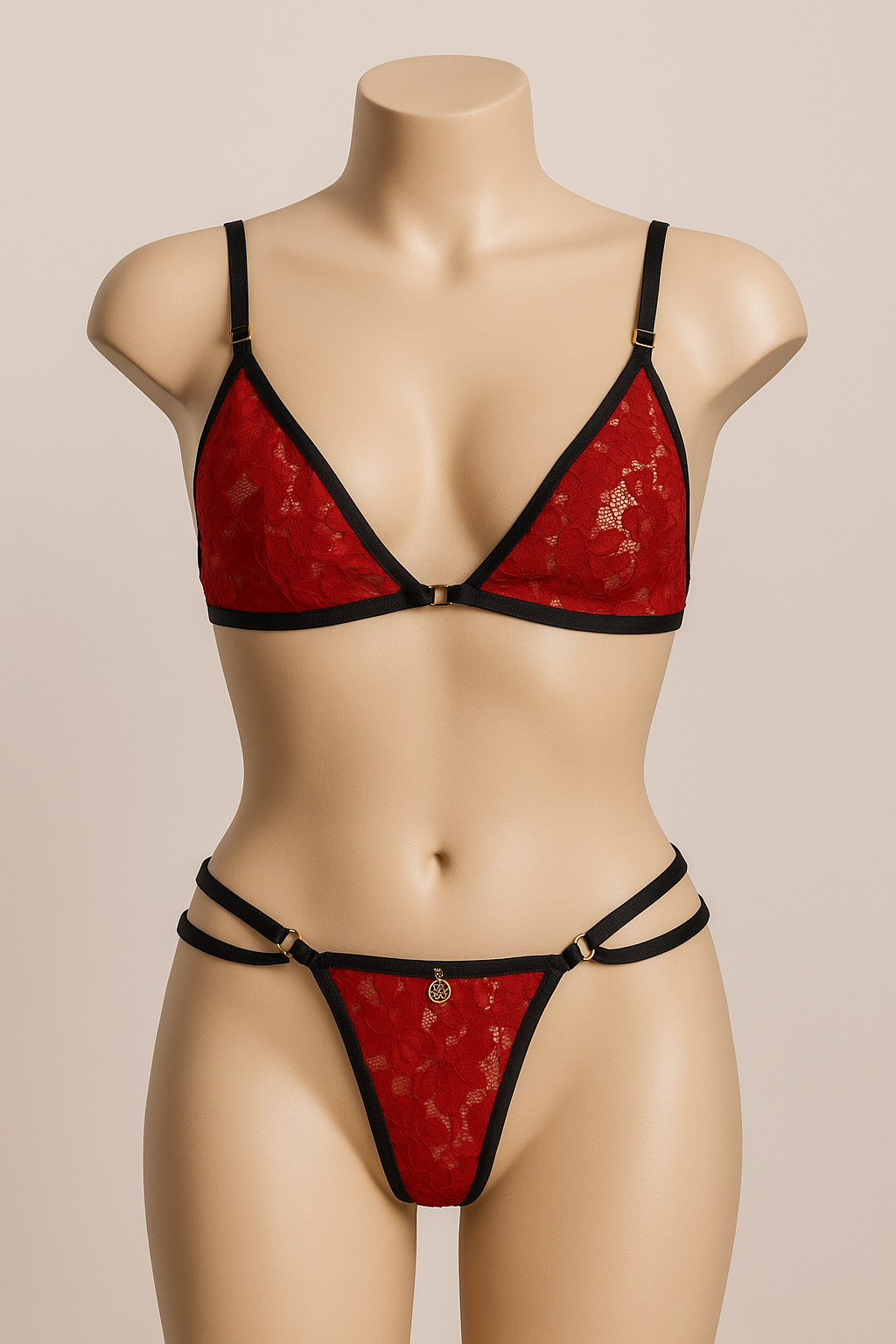 Red & Black Lace Strappy Bralette & Thong Lingerie Set – One Size