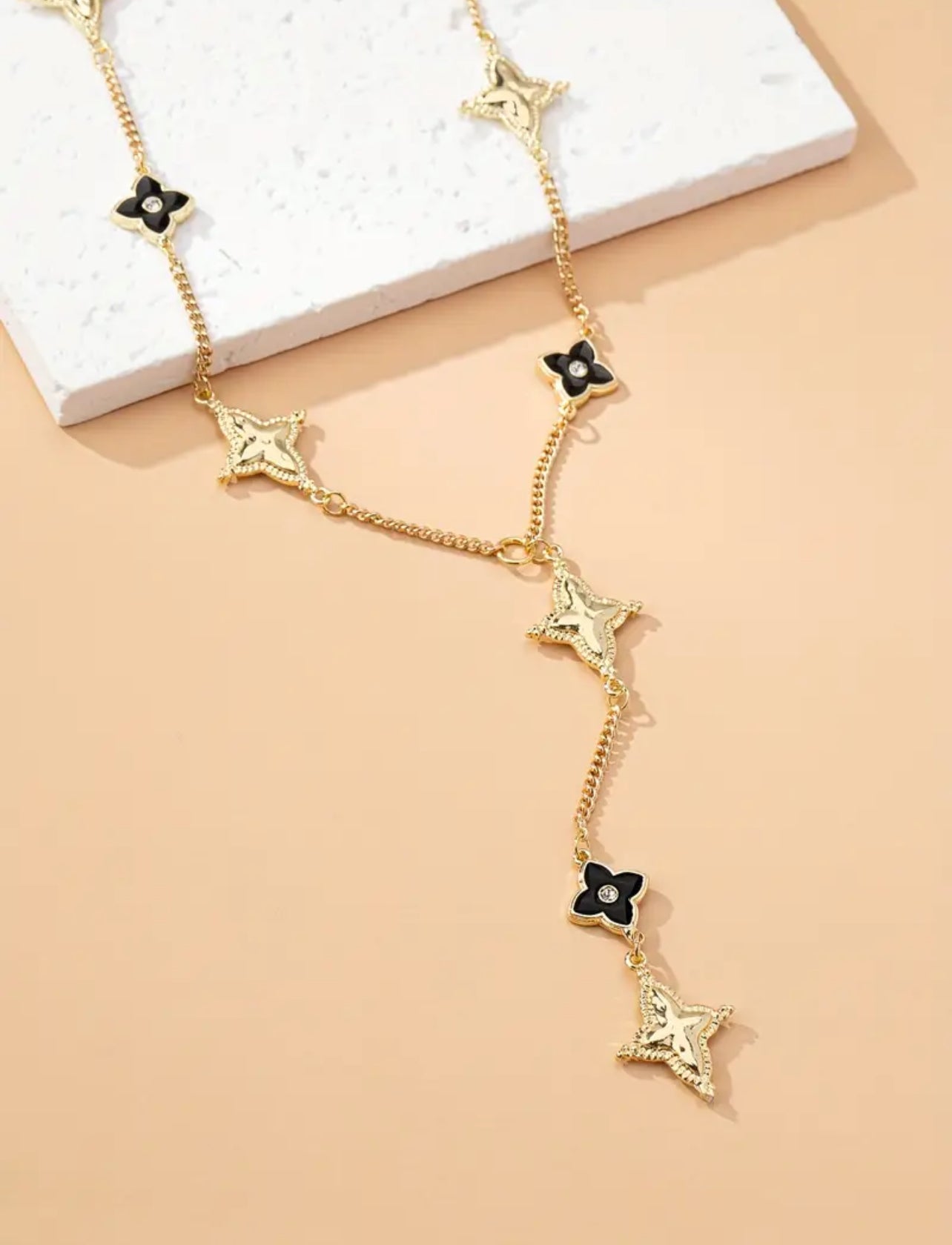 18k Gold & Black Flower Lucky Clover Y-Drop Necklace