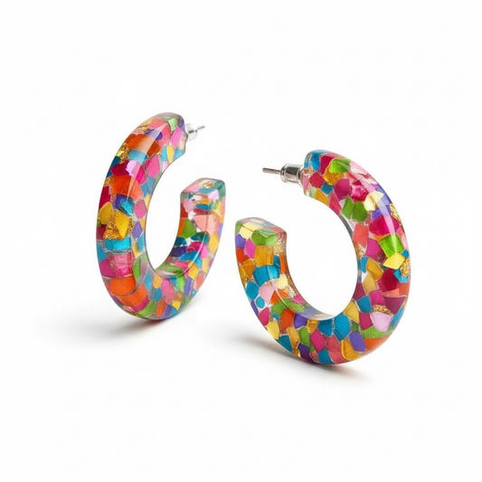 Bright Colorful Confetti Resin Hoop Earrings Multi-Color