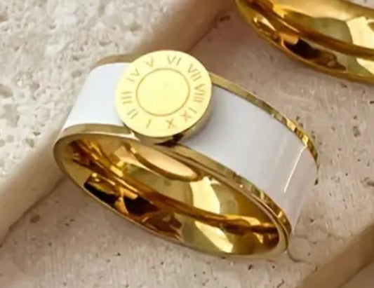 Gold & White Enamel Roman Numeral Ring