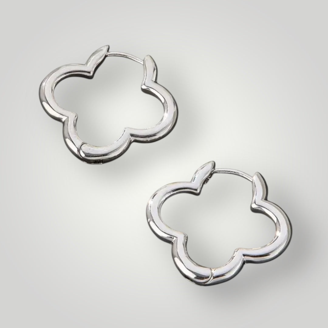 Silver Hoop Metal Hinged Huggie Four-Leaf Clover Flower Earrings