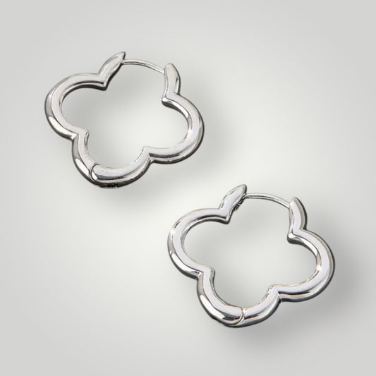 Silver Hoop Metal Hinged Huggie Four-Leaf Clover Flower Earrings