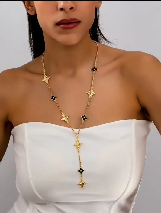 18k Gold & Black Flower Lucky Clover Y-Drop Necklace