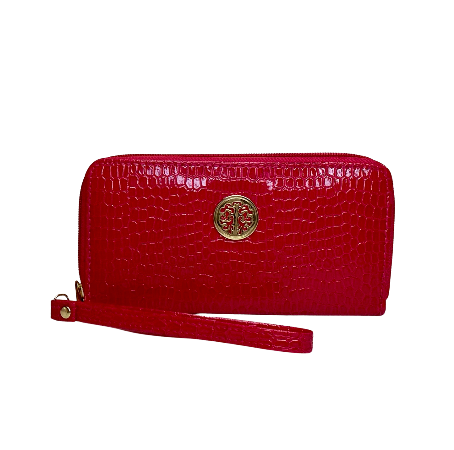 Luxury Pink Croc-Embossed Wristlet Wallet with Gold Emblem