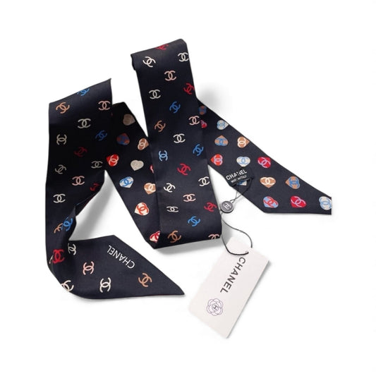 Chanel CC Logo 100% Silk Scarf Black Multicolor