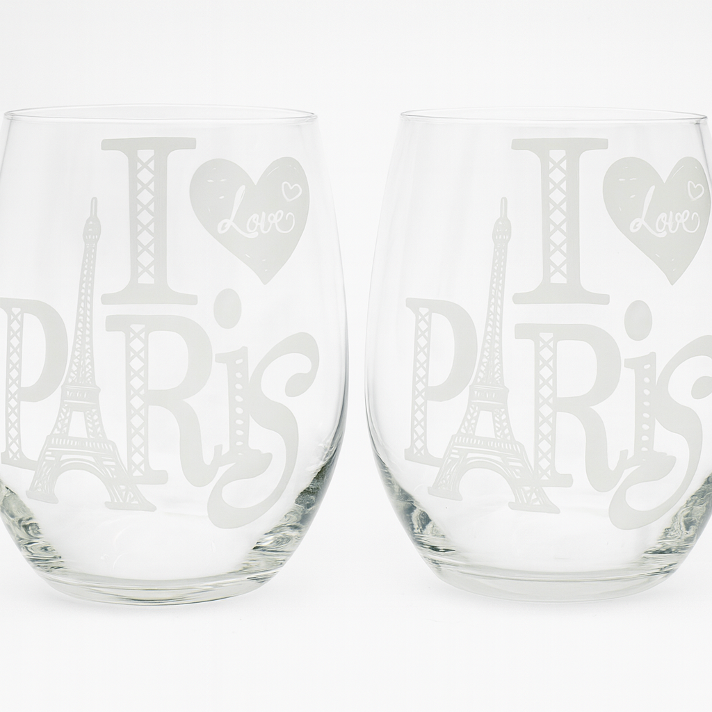 Set of 2 "I Love Paris" Stemless Wine Glasses - Handcrafted Clear Glassware (4.75 inches)