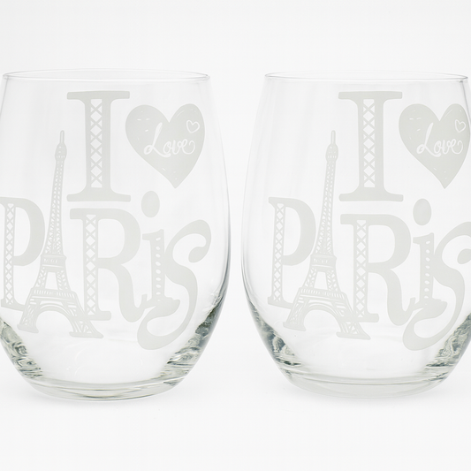 Set of 2 "I Love Paris" Stemless Wine Glasses - Handcrafted Clear Glassware (4.75 inches)