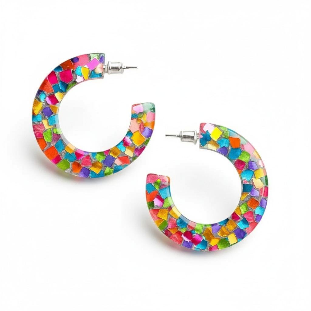 Bright Colorful Confetti Resin Hoop Earrings Multi-Color