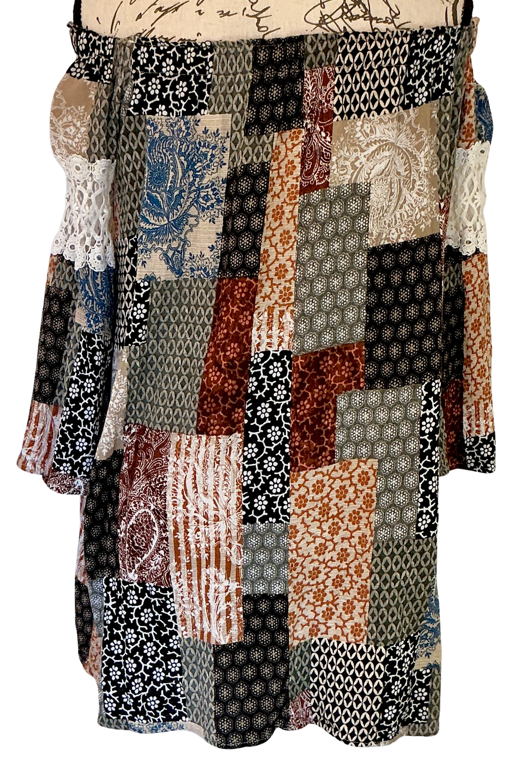 Audrey 3+1 Boho Patchwork Off-Shoulder Tunic Dress