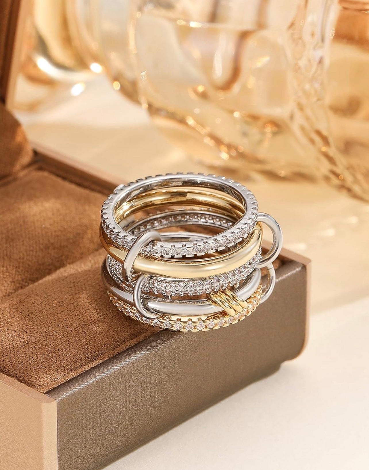 Silver & Gold Diamond Stackable Multi Ring Set of 5 Rings