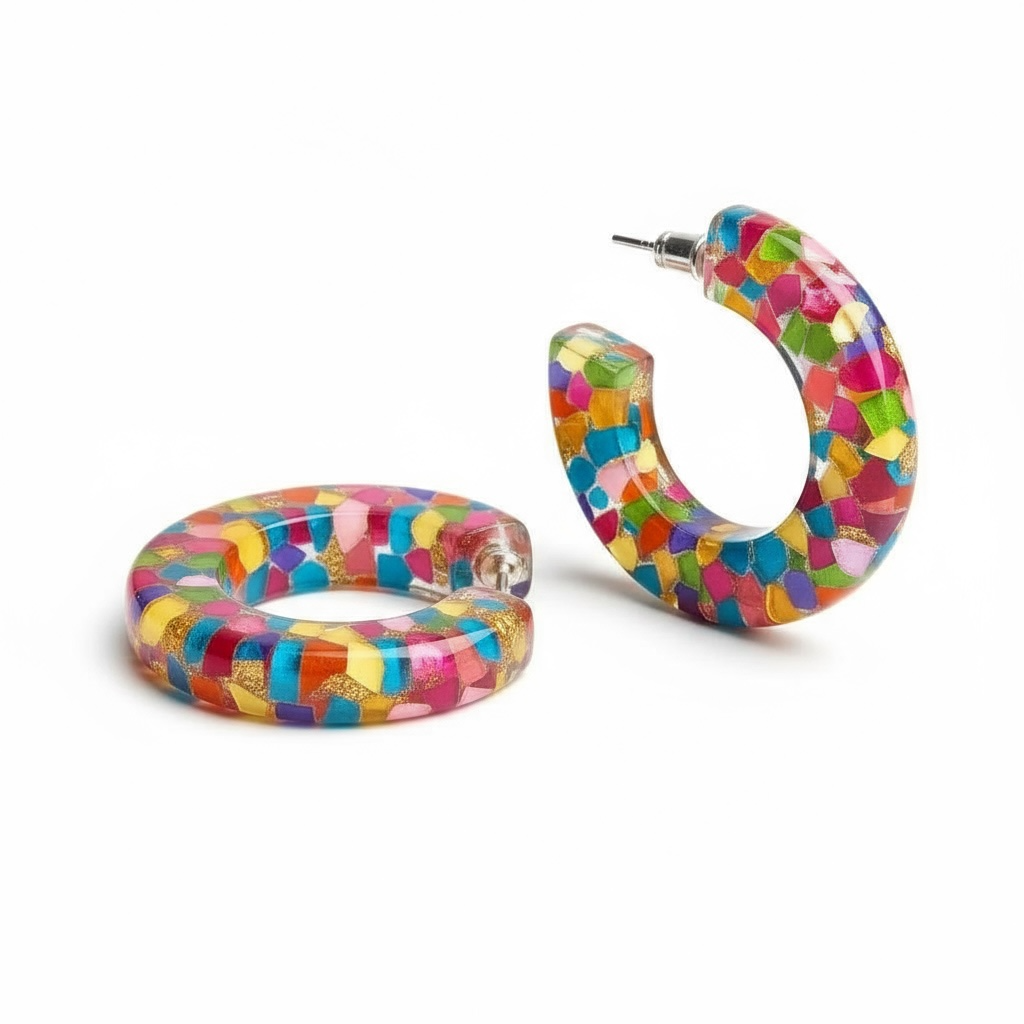 Bright Colorful Confetti Resin Hoop Earrings Multi-Color