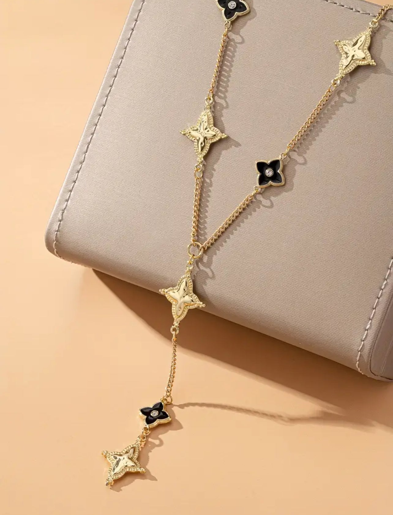 18k Gold & Black Flower Lucky Clover Y-Drop Necklace