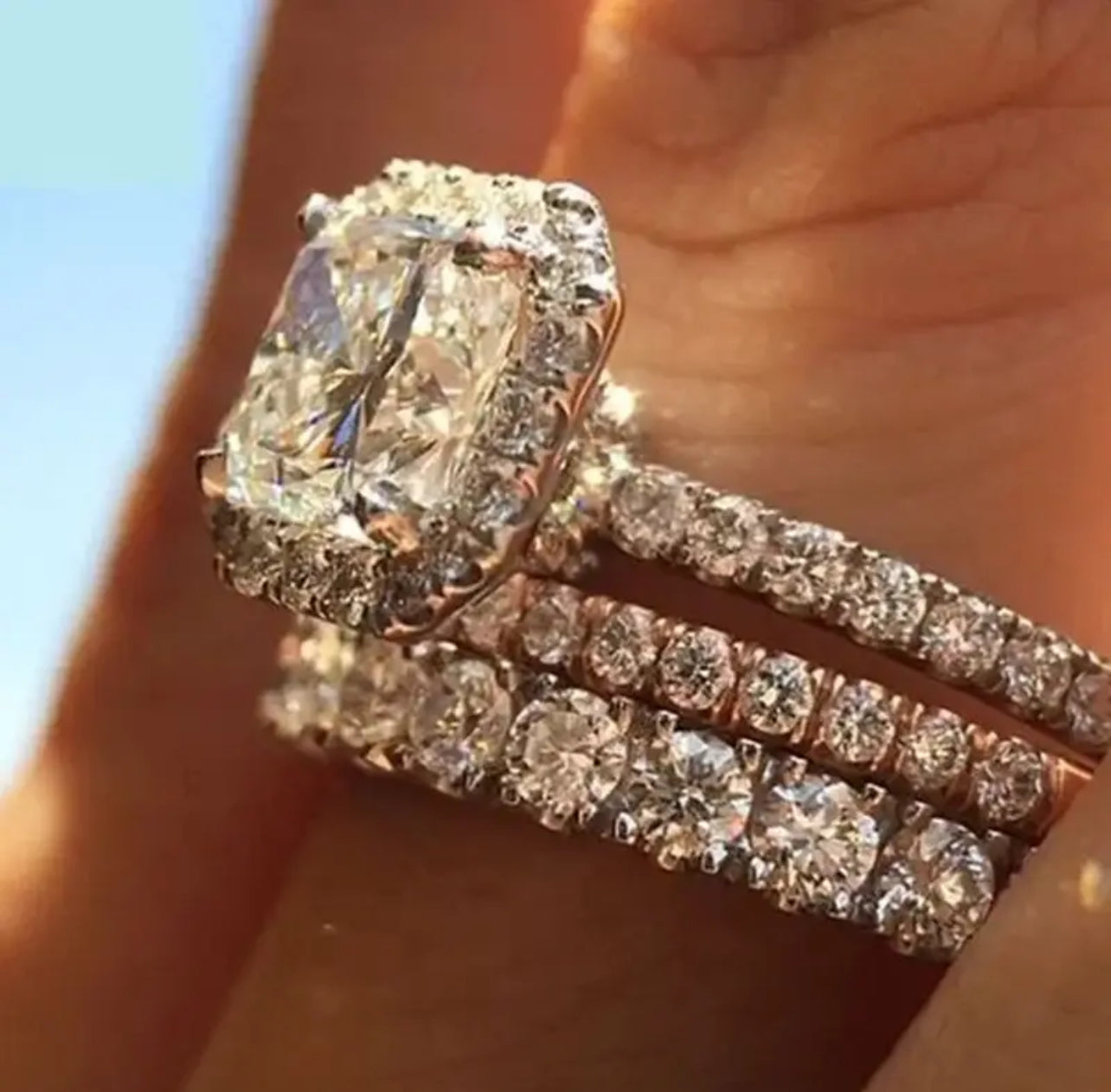 3PCS Women’s Engagement & Wedding Ring Set - Sz 6, Sparkling CZ 925 Silver Plate