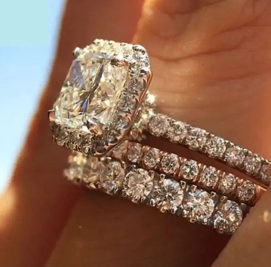 3PCS Women’s Engagement & Wedding Ring Set - Sz 6, Sparkling CZ 925 Silver Plate