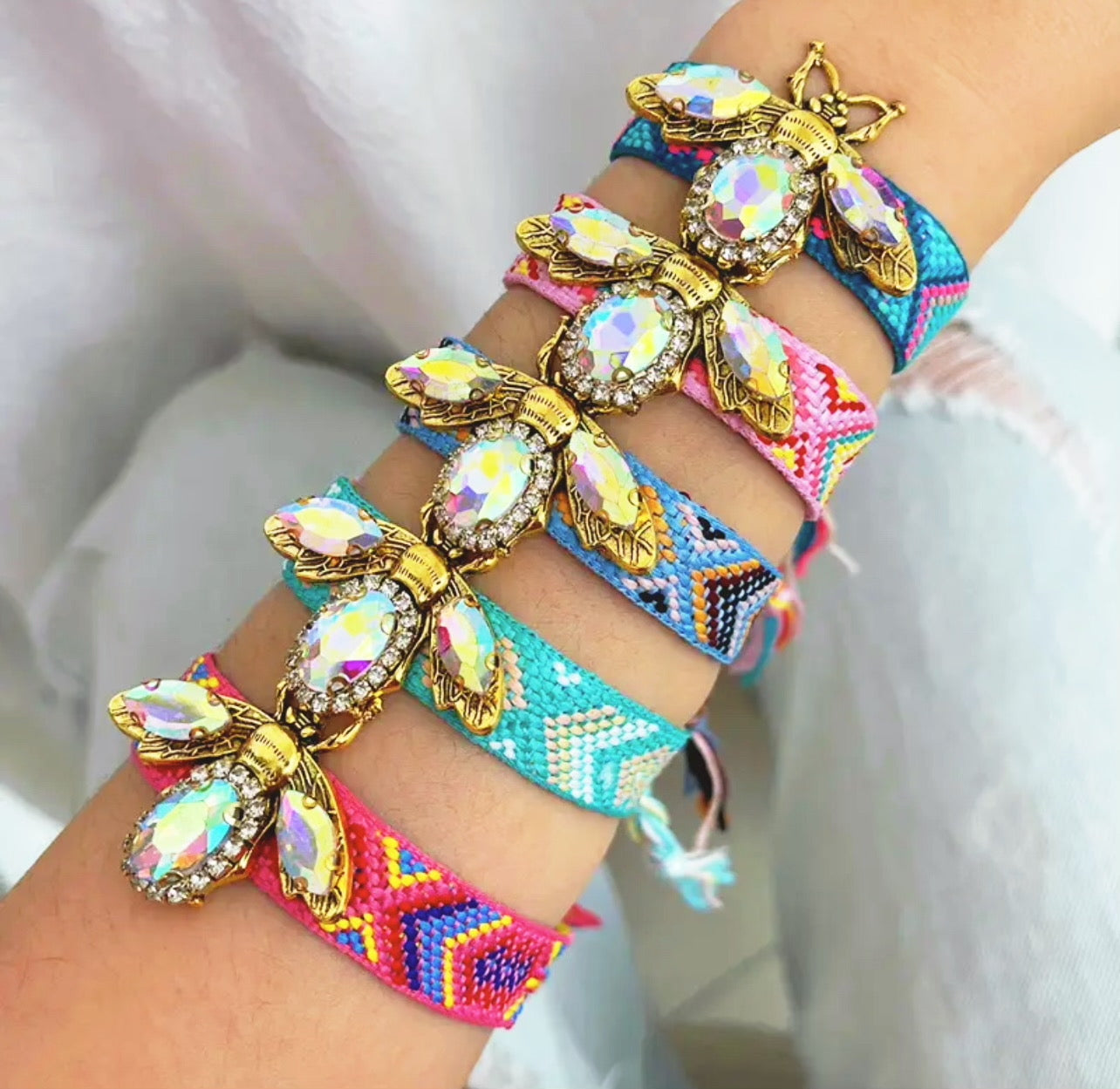 Bohemian Vintage Adjustable Rhinestone Bee Charm Bracelet