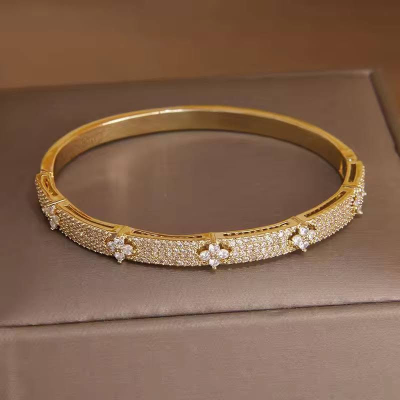 Saks Fifth Avenue Gold Cubic Zirconia Clover Flower Bangle Bracelet