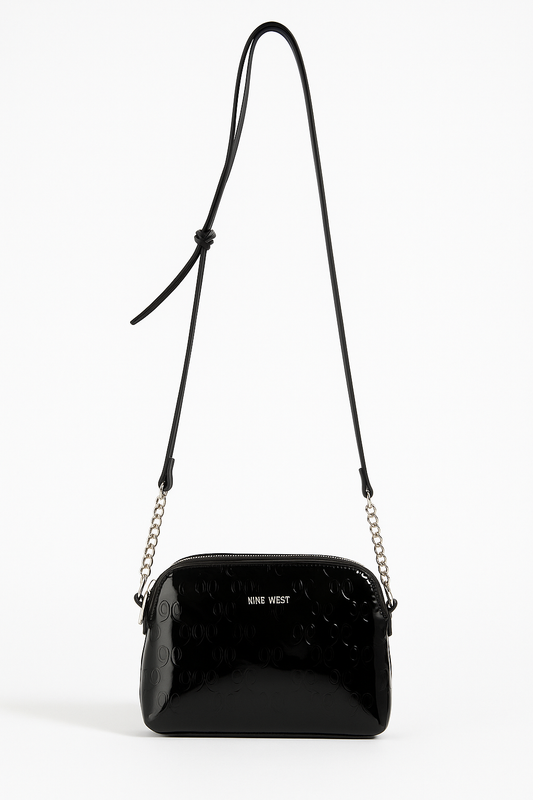 Nine West Embossed Black Patent Leather Tri-Compartment Crossbody w/ Chain Strap