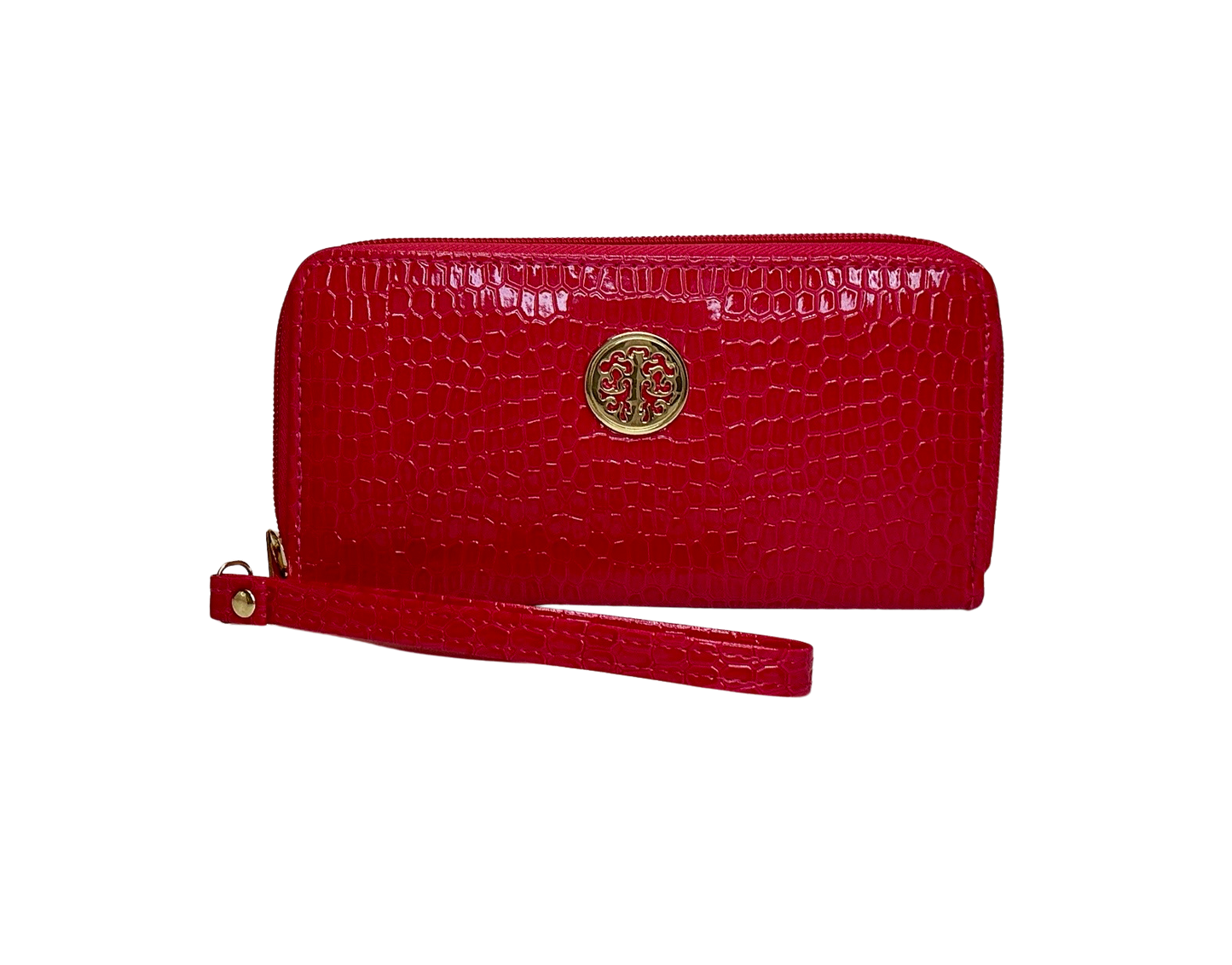 Luxury Pink Croc-Embossed Wristlet Wallet with Gold Emblem