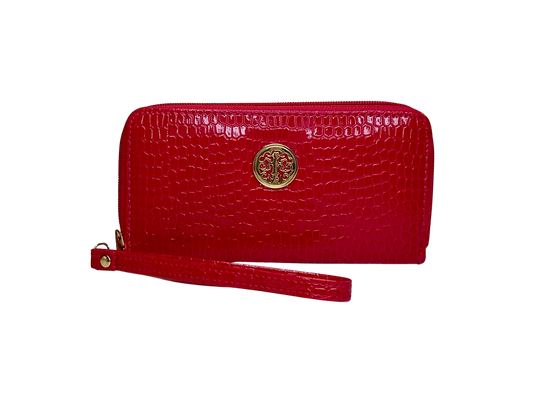 Luxury Pink Croc-Embossed Wristlet Wallet with Gold Emblem