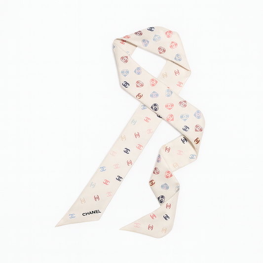 Chanel CC Logo 100% Silk Scarf White Multicolor