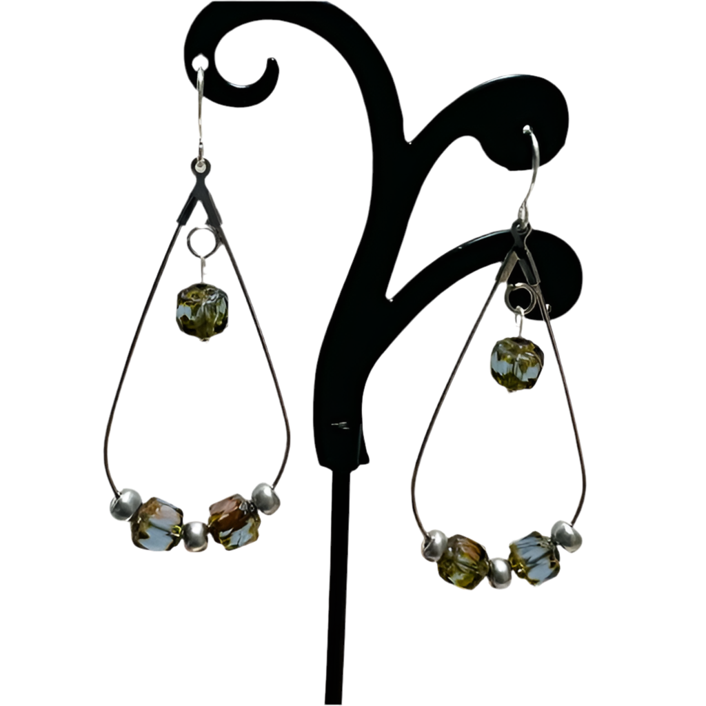 Silver Hoop Earrings with Blue and Brown Beads