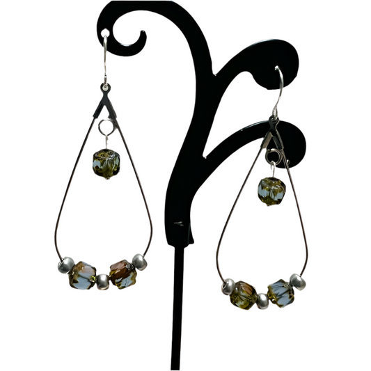 Silver Hoop Earrings with Blue and Brown Beads