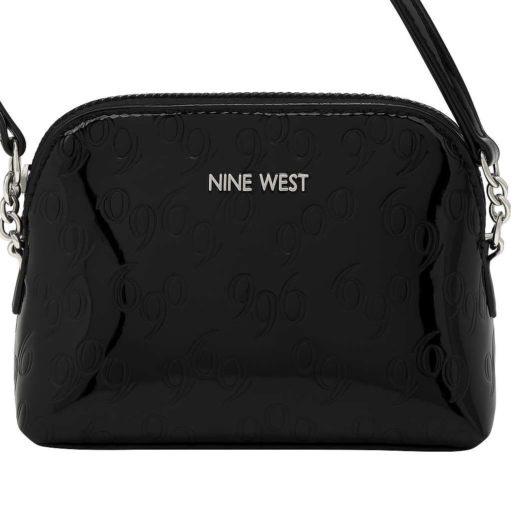 Nine West Embossed Black Patent Leather Tri-Compartment Crossbody w/ Chain Strap