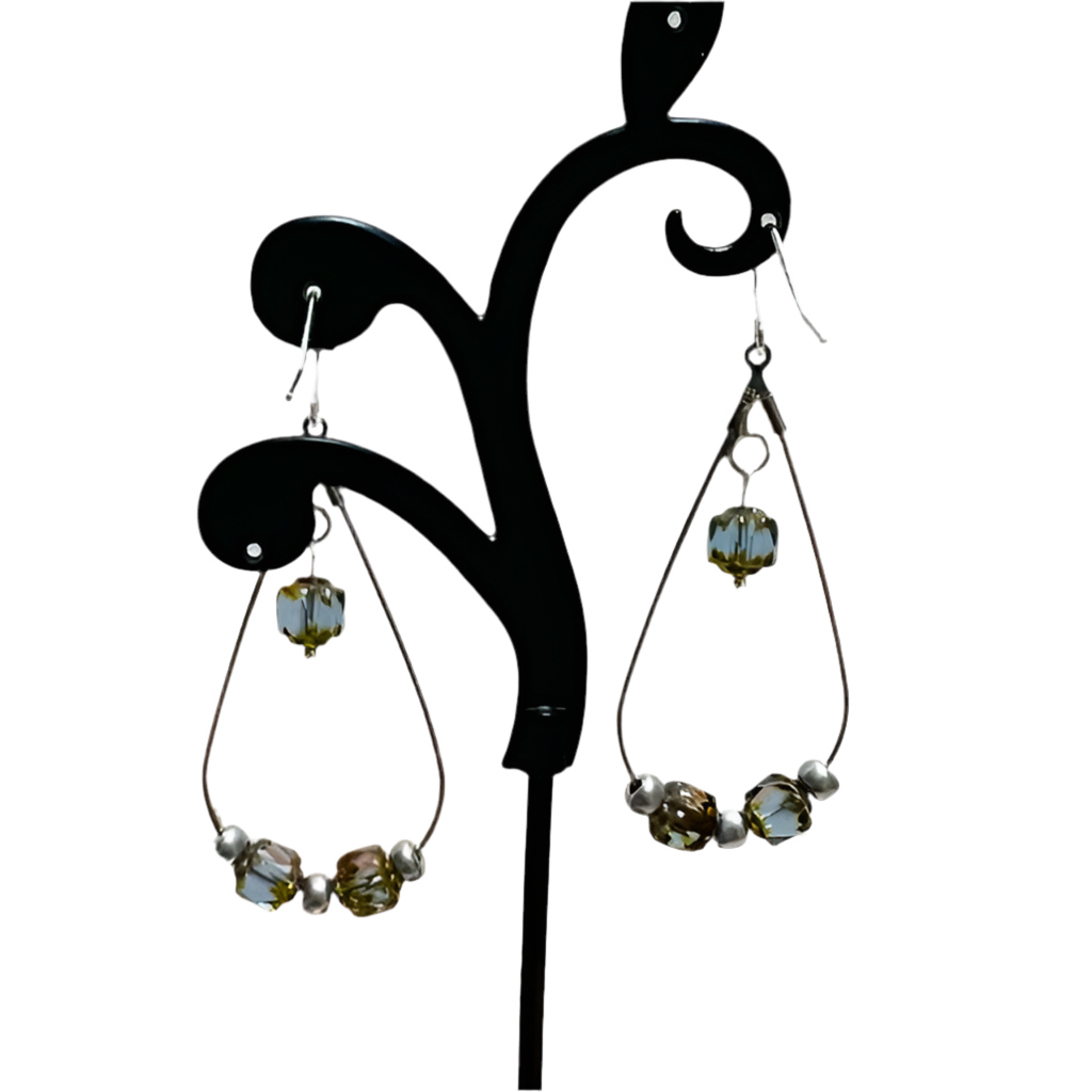 Silver Hoop Earrings with Blue and Brown Beads