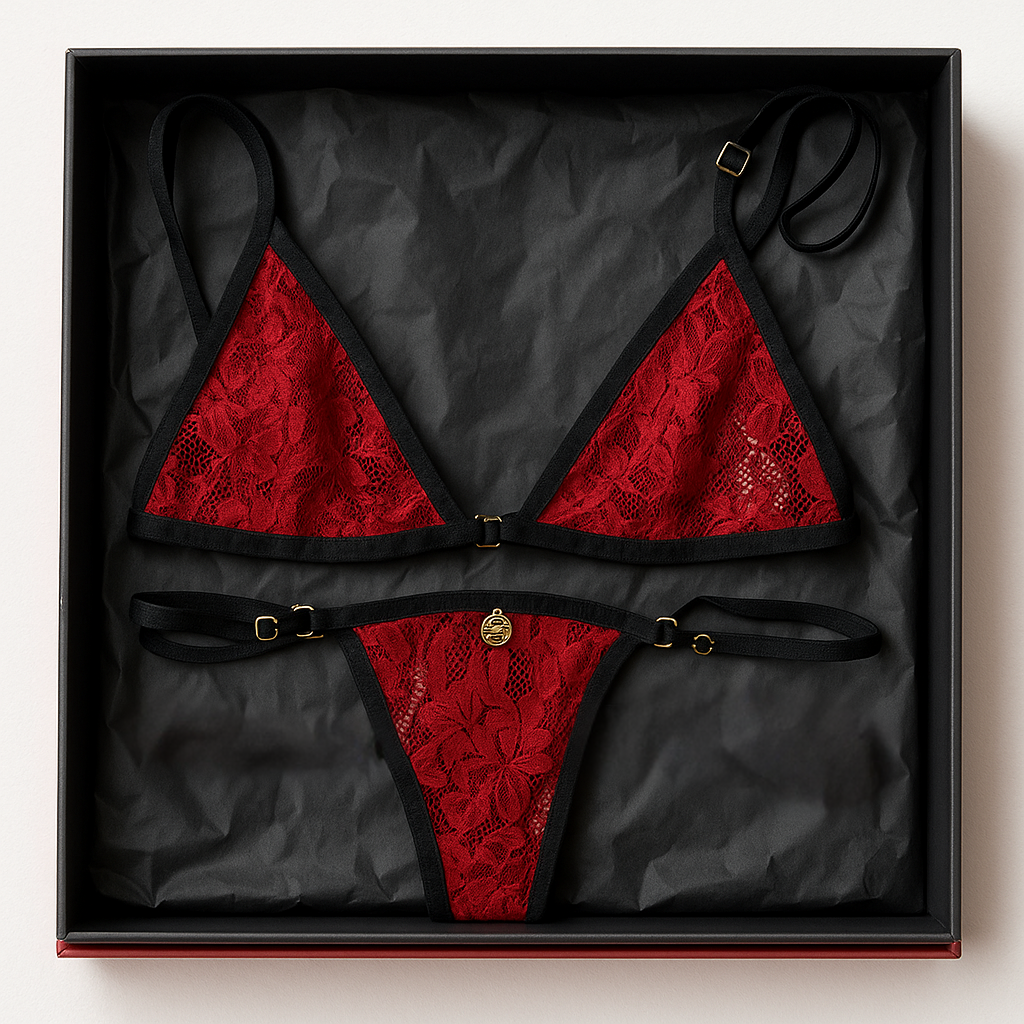 Red & Black Lace Strappy Bralette & Thong Lingerie Set – One Size
