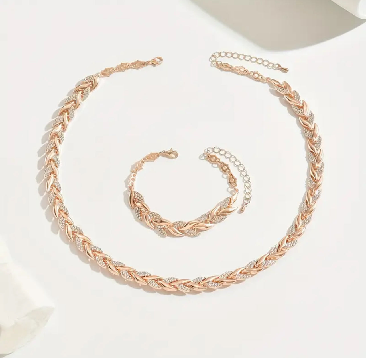 Rose Gold & Silver Inlaid CZ Diamond Fish Tail Necklace & Bracelet Set