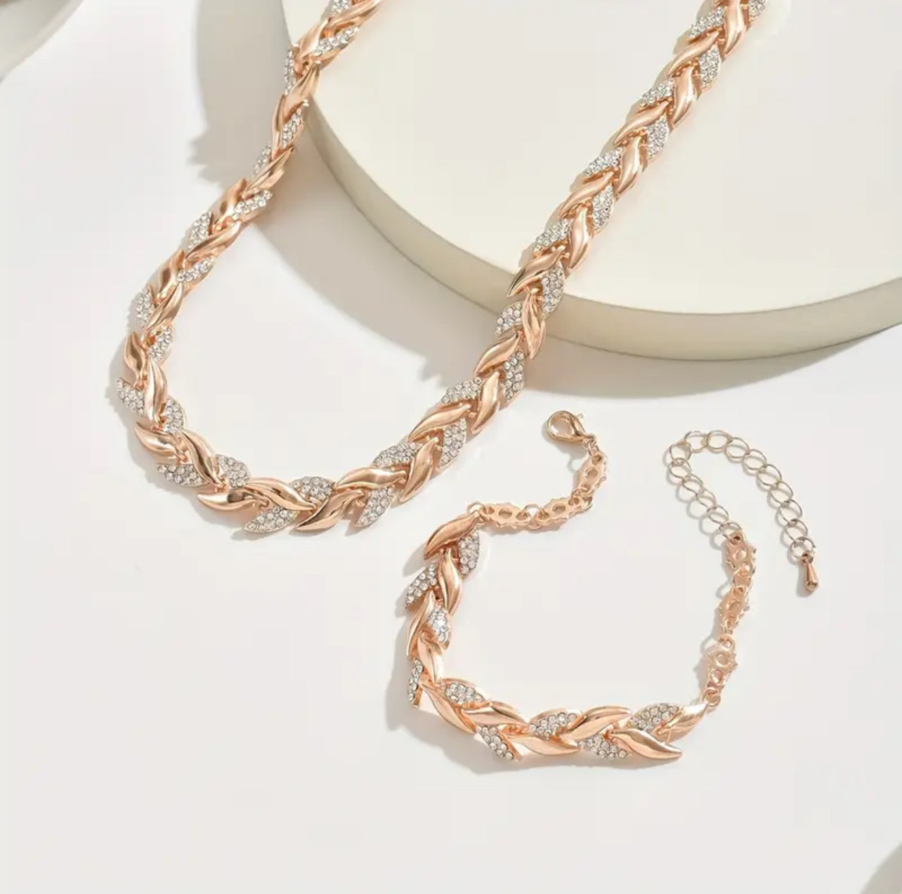 Rose Gold & Silver Inlaid CZ Diamond Fish Tail Necklace & Bracelet Set