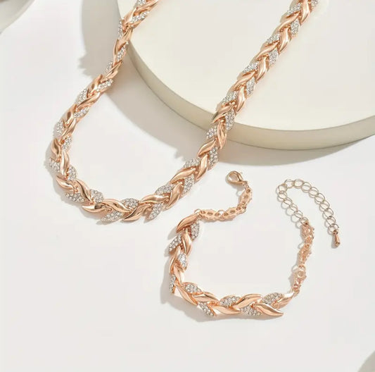 Rose Gold & Silver Inlaid CZ Diamond Fish Tail Necklace & Bracelet Set