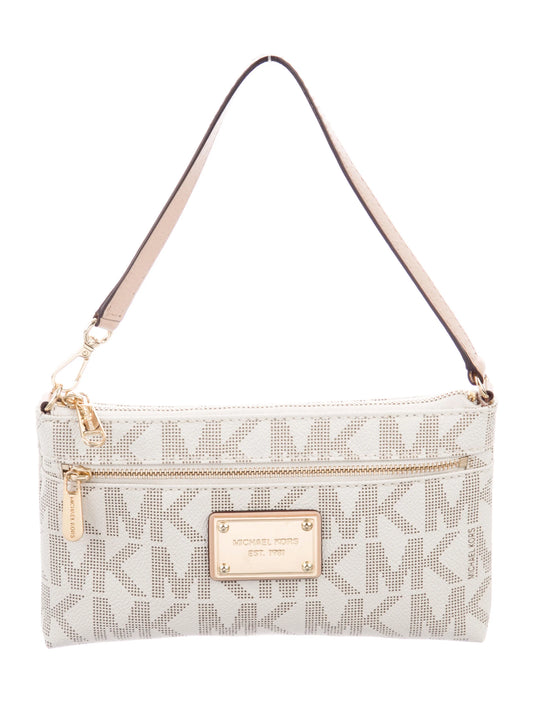 Michael Kors Large Leather Wristlet Handbag MK Logo - White