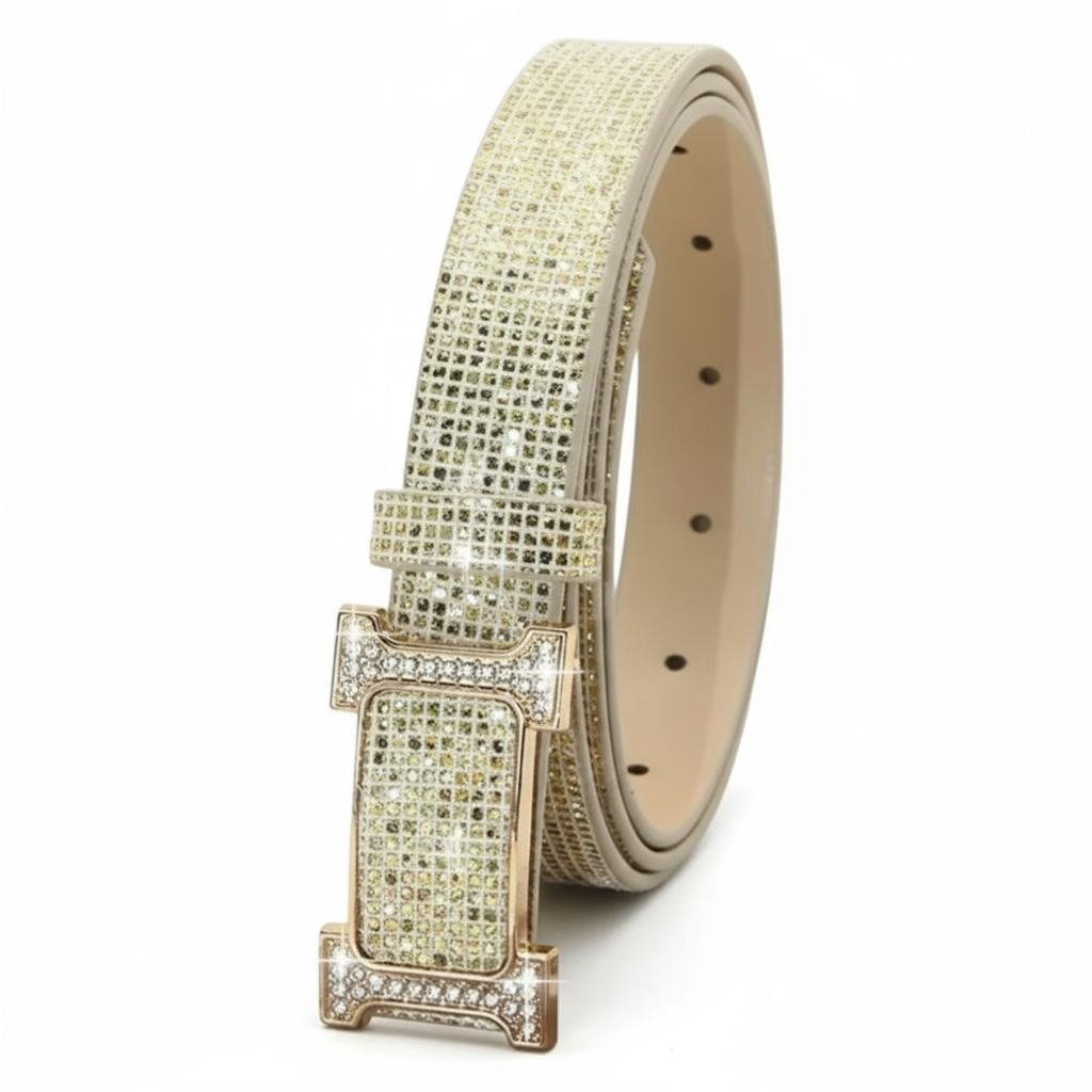 Women's Sparkling Gold Rhinestone Hermes Embellished PU Leather Belt