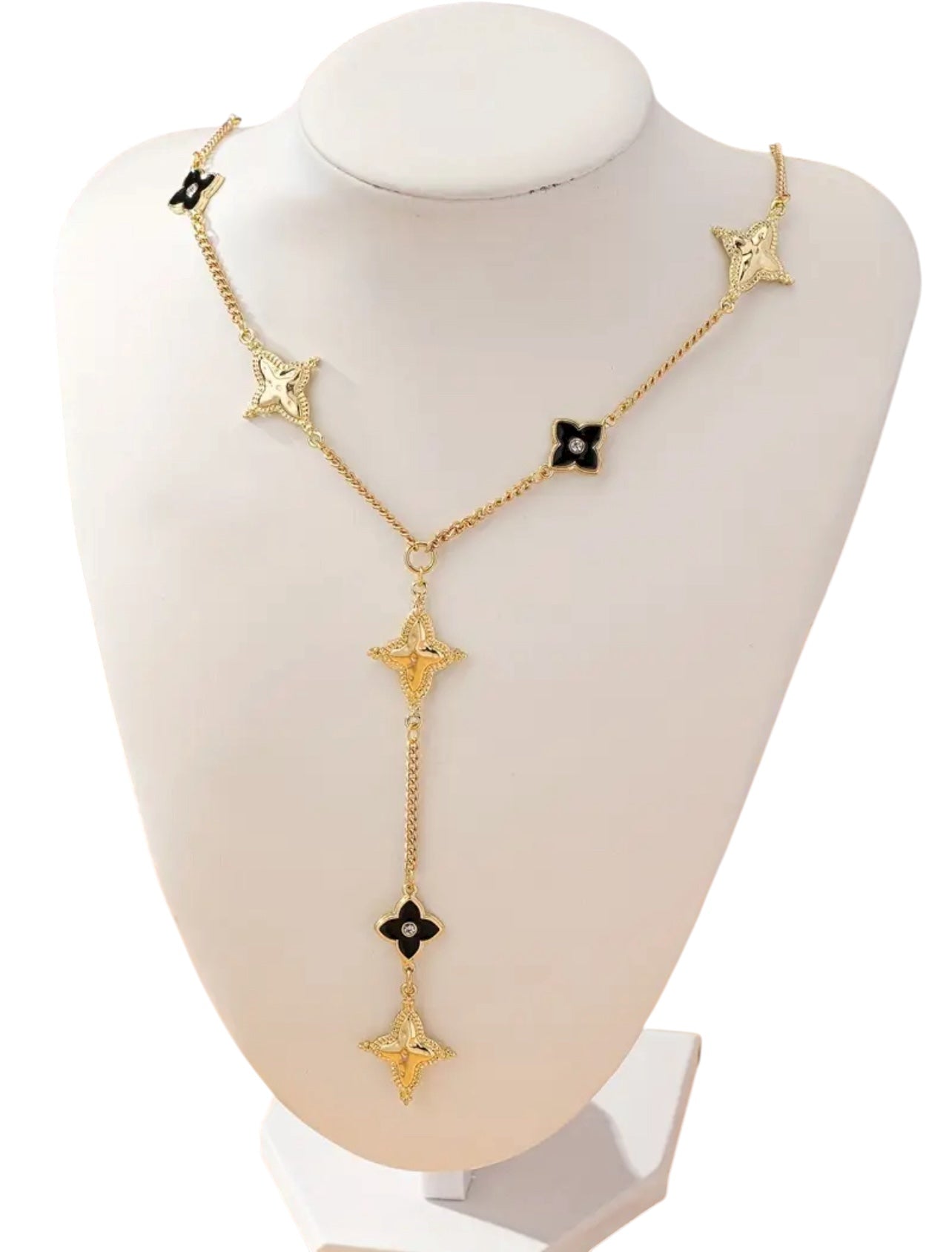 18k Gold & Black Flower Lucky Clover Y-Drop Necklace