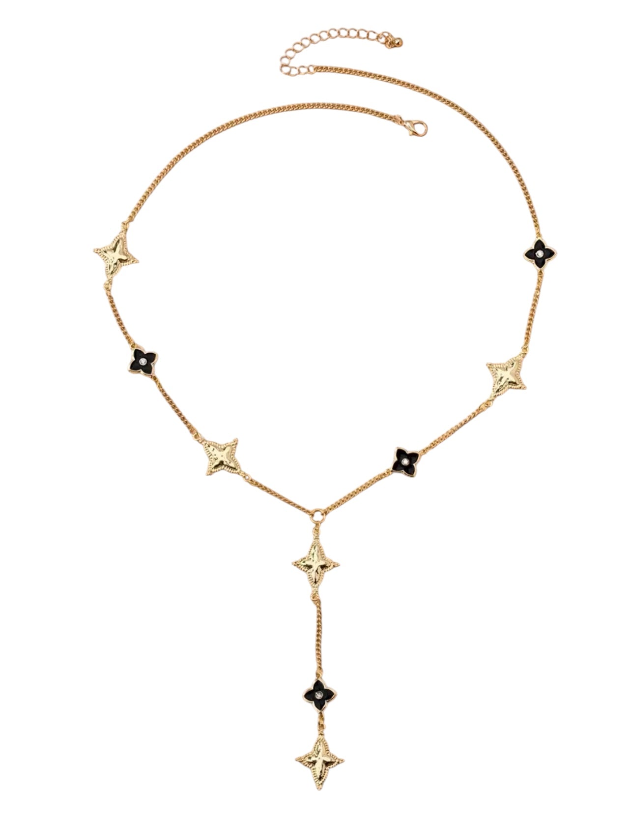 18k Gold & Black Flower Lucky Clover Y-Drop Necklace