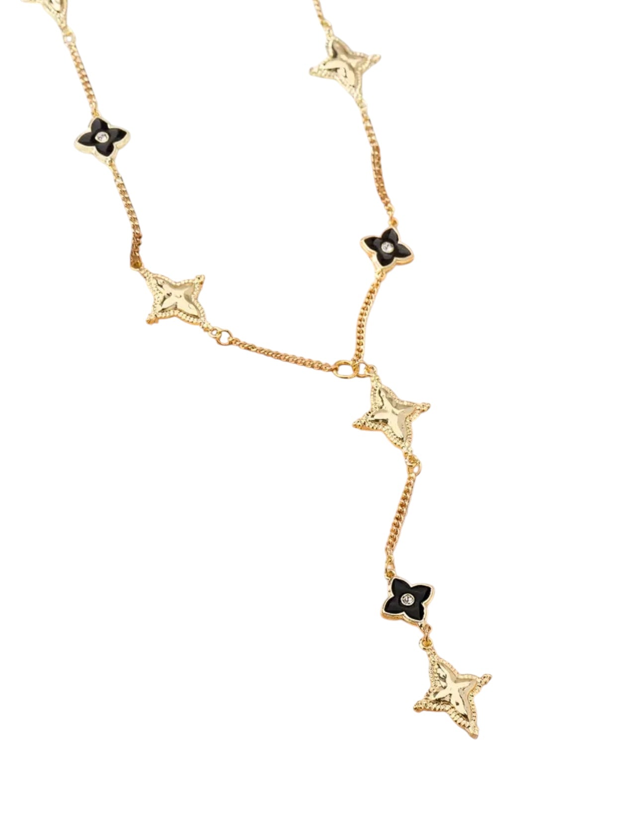 18k Gold & Black Flower Lucky Clover Y-Drop Necklace